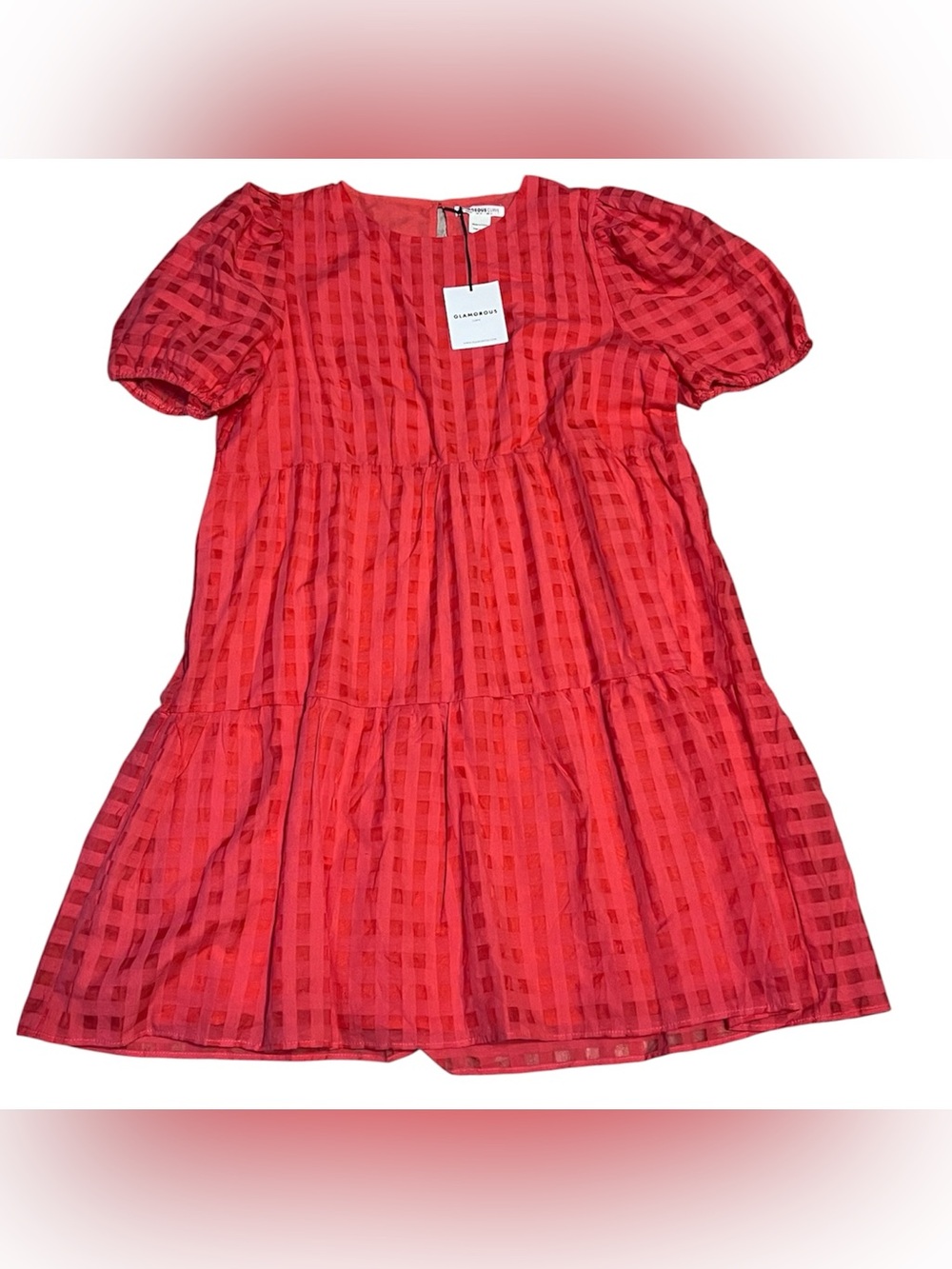 Glamorous Curve Red Gingham Check Puff Sleeve Tiered Smock Mini Dress US 14